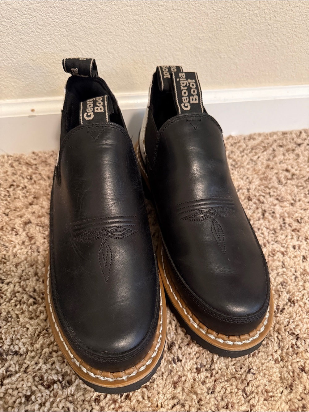 Georgia Boot Black Leather Slip-On Loafers with Tan Welt